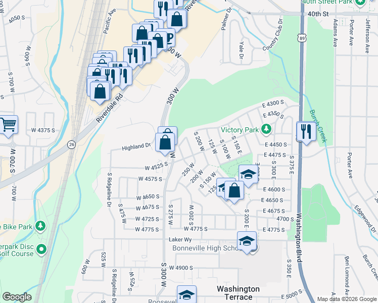 map of restaurants, bars, coffee shops, grocery stores, and more near 4385 South 250 West in Washington Terrace