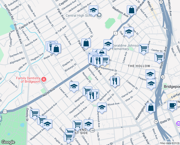map of restaurants, bars, coffee shops, grocery stores, and more near 1809 North Avenue in Bridgeport