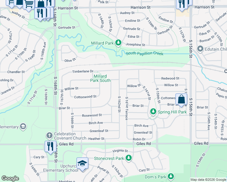 map of restaurants, bars, coffee shops, grocery stores, and more near 7705 South 162nd Avenue in Omaha