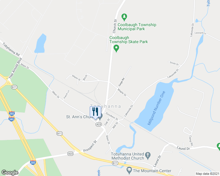 map of restaurants, bars, coffee shops, grocery stores, and more near 1652 Church Street in Tobyhanna