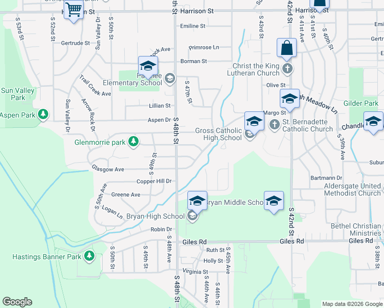map of restaurants, bars, coffee shops, grocery stores, and more near 4608 Glenmorrie Drive in Omaha