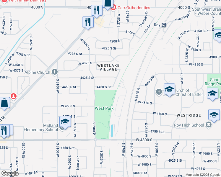 map of restaurants, bars, coffee shops, grocery stores, and more near 4441 South 2750 West in Roy
