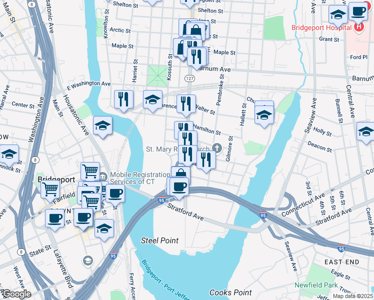 map of restaurants, bars, coffee shops, grocery stores, and more near 20 Steuben Street in Bridgeport