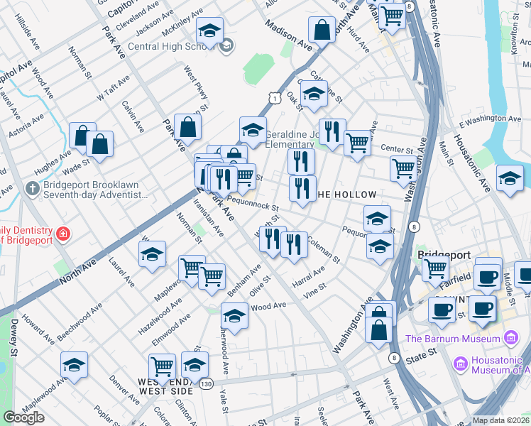 map of restaurants, bars, coffee shops, grocery stores, and more near 1002 Grand Street in Bridgeport
