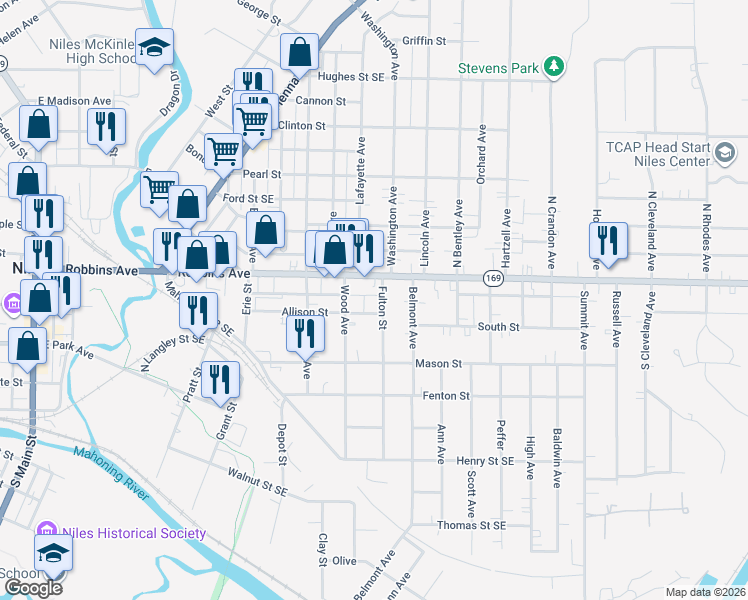 map of restaurants, bars, coffee shops, grocery stores, and more near 623 Robbins Avenue in Niles