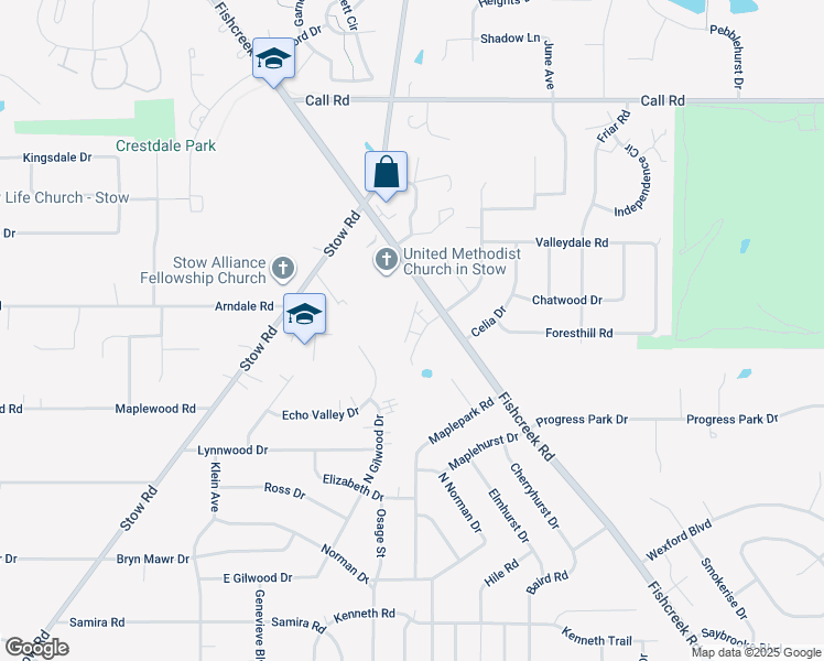 map of restaurants, bars, coffee shops, grocery stores, and more near 4840 Fishcreek Road in Stow