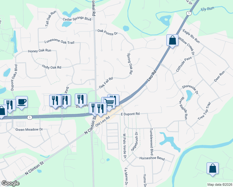 map of restaurants, bars, coffee shops, grocery stores, and more near 10620 Oak Chapel Court in Fort Wayne