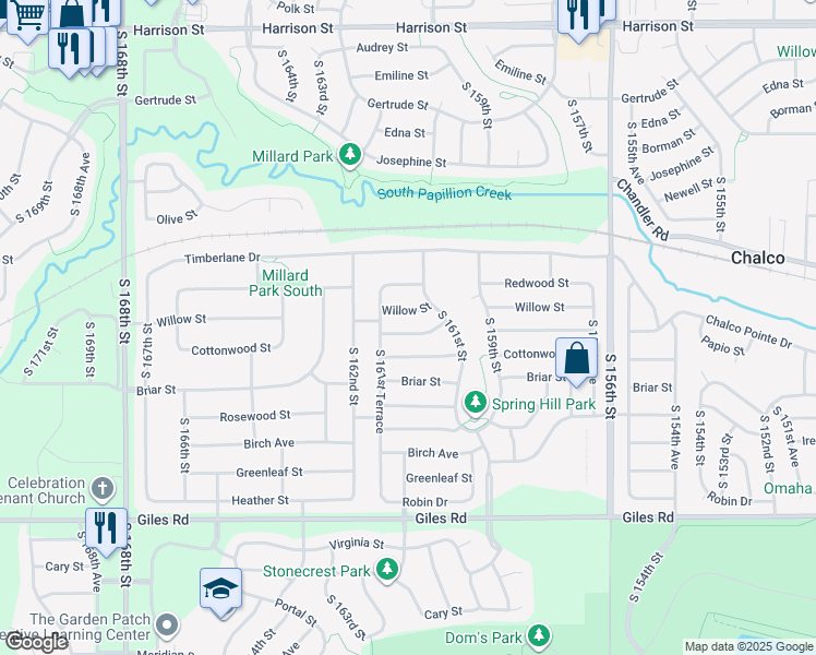 map of restaurants, bars, coffee shops, grocery stores, and more near 16128 Cottonwood Avenue in Omaha