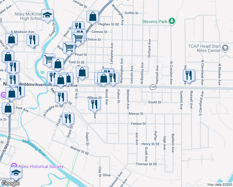 map of restaurants, bars, coffee shops, grocery stores, and more near 623 Robbins Avenue in Niles