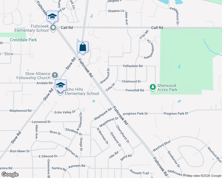 map of restaurants, bars, coffee shops, grocery stores, and more near 2515 Celia Drive in Stow