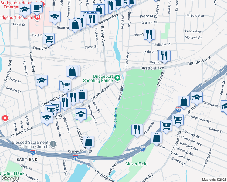 map of restaurants, bars, coffee shops, grocery stores, and more near 60 Radel Street in Bridgeport