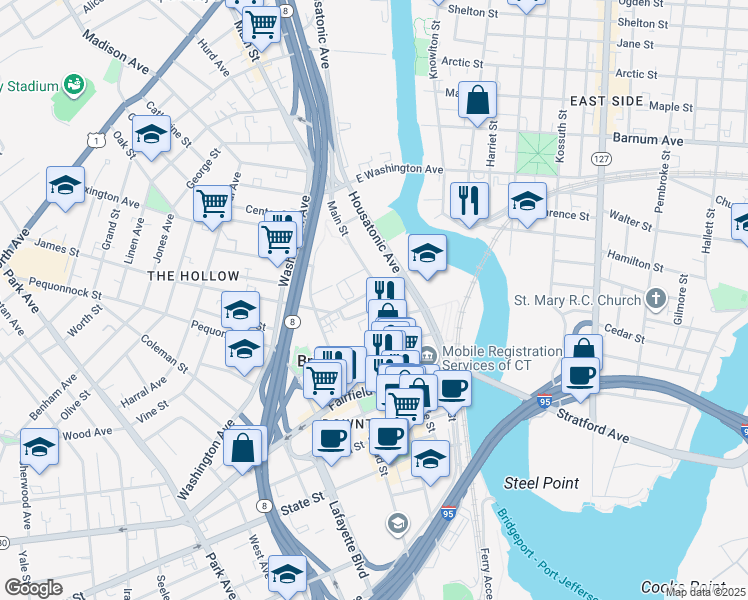 map of restaurants, bars, coffee shops, grocery stores, and more near 1315 Main Street in Bridgeport