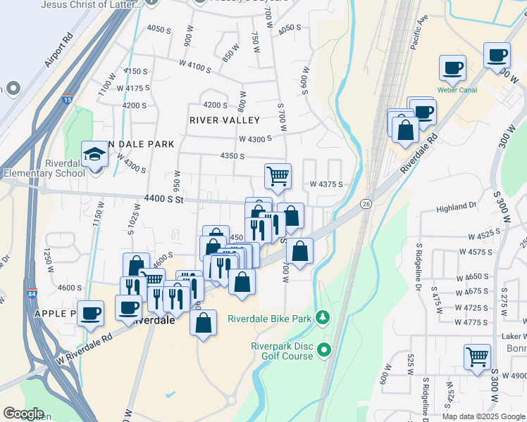 map of restaurants, bars, coffee shops, grocery stores, and more near 747 West 4400 South in Riverdale