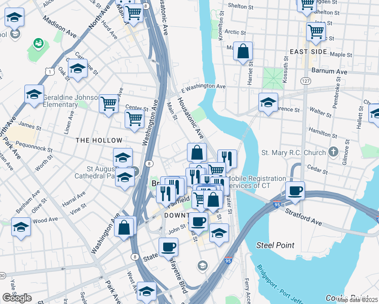 map of restaurants, bars, coffee shops, grocery stores, and more near 1315 Main Street in Bridgeport