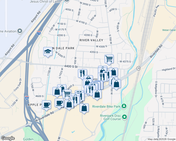 map of restaurants, bars, coffee shops, grocery stores, and more near 4413 South 850 West in Riverdale