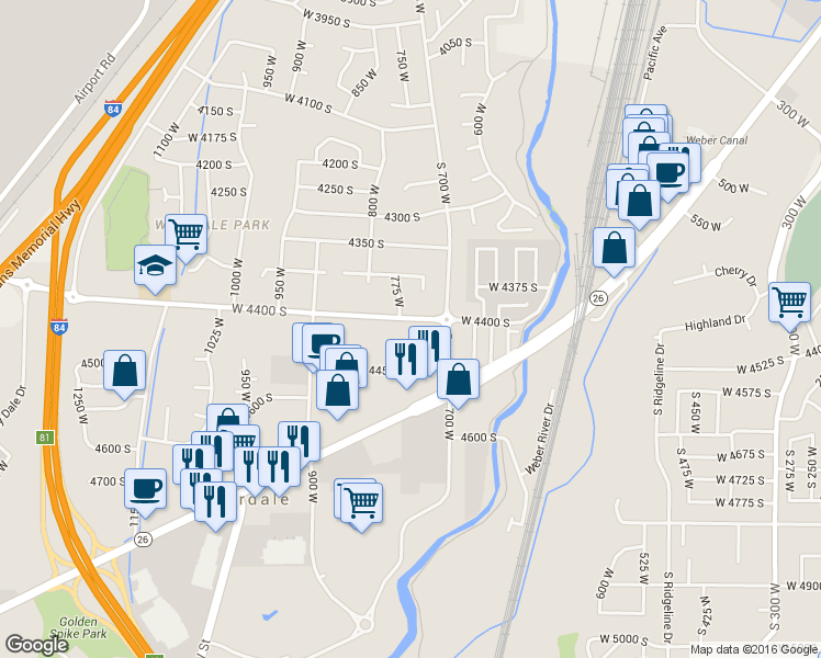 map of restaurants, bars, coffee shops, grocery stores, and more near 755 West 4400 South in Riverdale