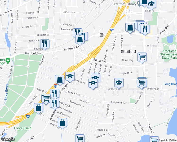 map of restaurants, bars, coffee shops, grocery stores, and more near 71 Adams Street in Stratford