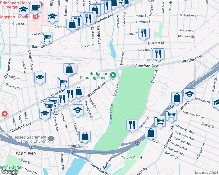 map of restaurants, bars, coffee shops, grocery stores, and more near 60 Radel Street in Bridgeport