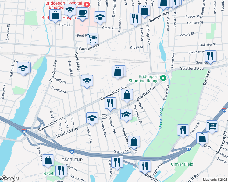 map of restaurants, bars, coffee shops, grocery stores, and more near 560 Hollister Avenue in Bridgeport