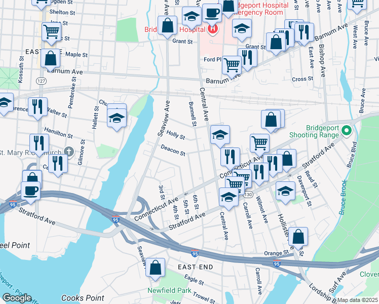 map of restaurants, bars, coffee shops, grocery stores, and more near 206 Holly Street in Bridgeport