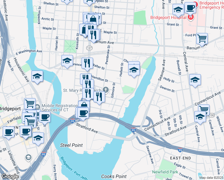 map of restaurants, bars, coffee shops, grocery stores, and more near 95 Gilmore Street in Bridgeport