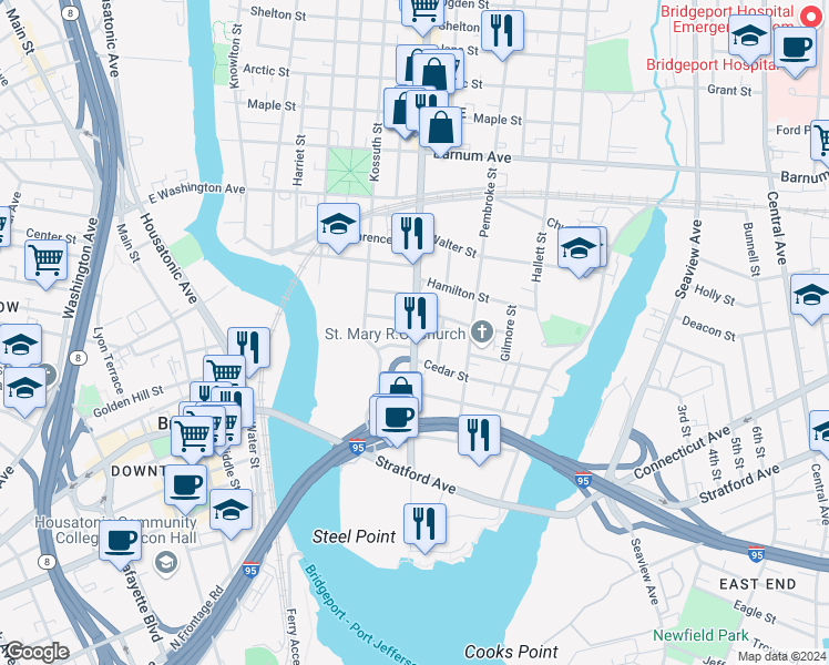map of restaurants, bars, coffee shops, grocery stores, and more near 20 Steuben Street in Bridgeport