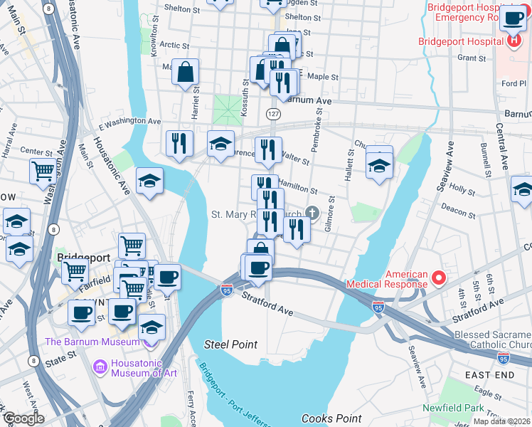 map of restaurants, bars, coffee shops, grocery stores, and more near 53 Seymour Street in Bridgeport