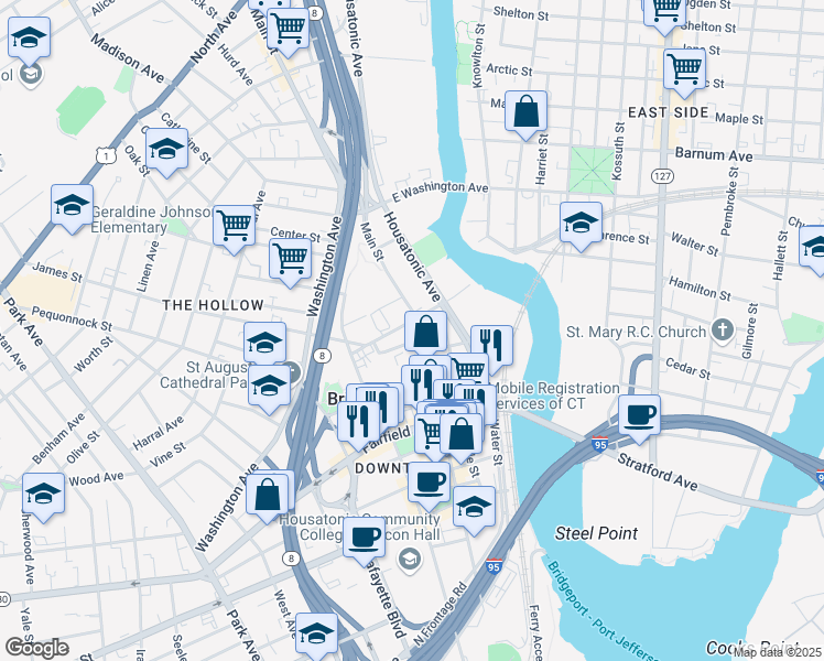 map of restaurants, bars, coffee shops, grocery stores, and more near 1315 Main Street in Bridgeport