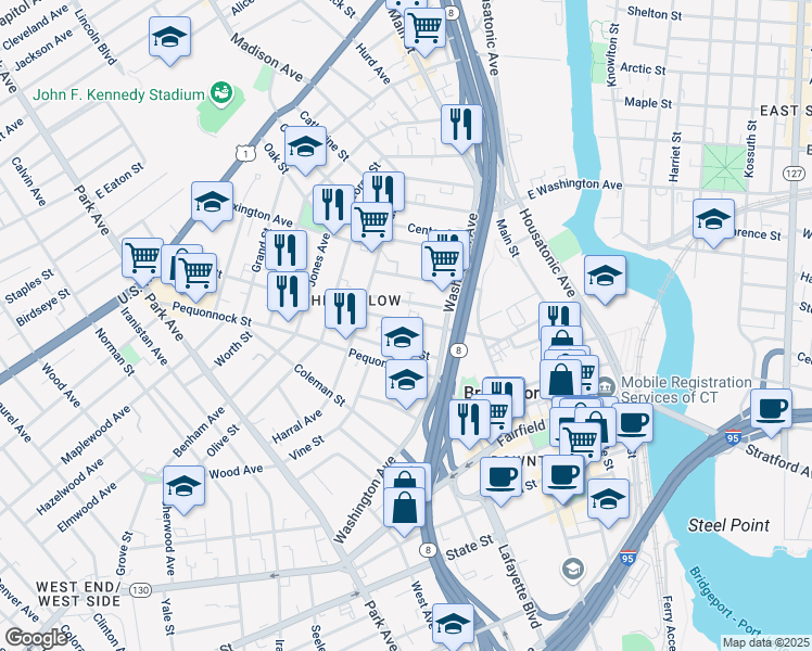 map of restaurants, bars, coffee shops, grocery stores, and more near 55 Sanford Avenue in Bridgeport