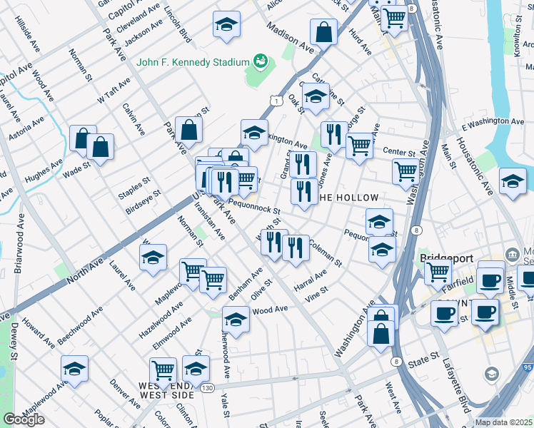 map of restaurants, bars, coffee shops, grocery stores, and more near 1002 Grand Street in Bridgeport