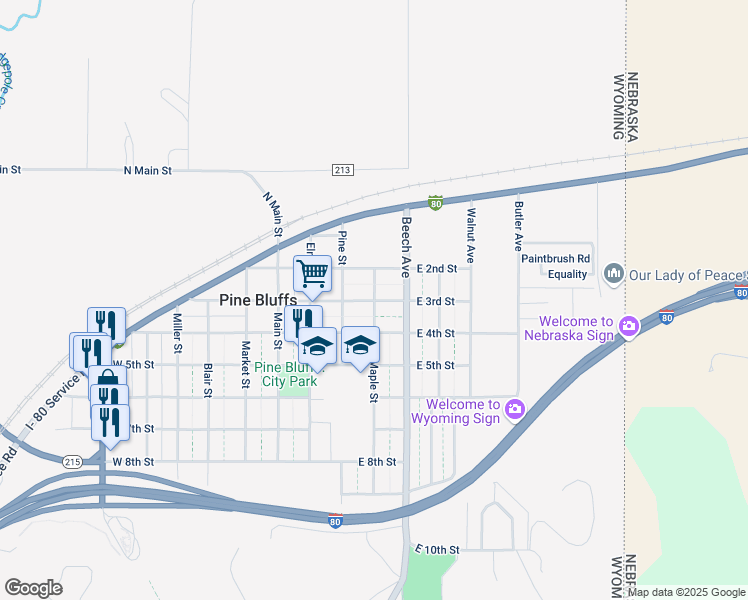 map of restaurants, bars, coffee shops, grocery stores, and more near 299 Maple Street in Pine Bluffs