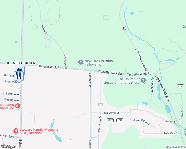map of restaurants, bars, coffee shops, grocery stores, and more near 2110 Tibbetts Wick Road in Girard
