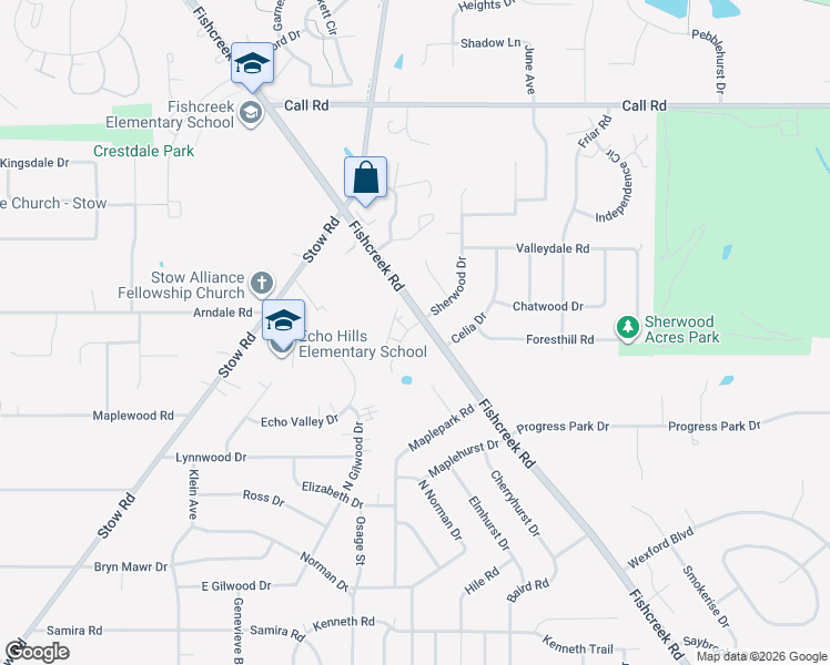 map of restaurants, bars, coffee shops, grocery stores, and more near 4840 Fishcreek Road in Stow