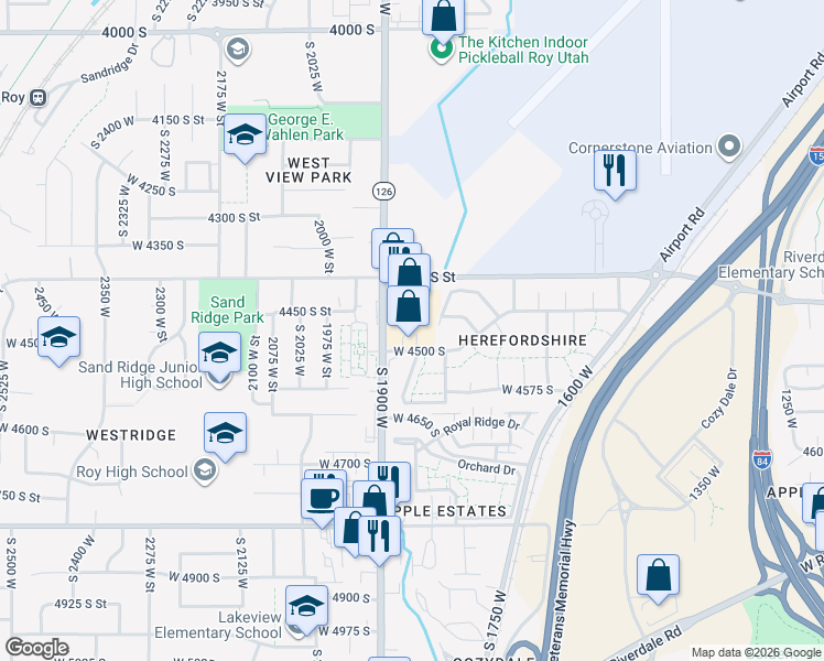 map of restaurants, bars, coffee shops, grocery stores, and more near 4460 South 1900 West in Roy