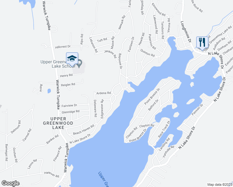 map of restaurants, bars, coffee shops, grocery stores, and more near 602 North Lake Shore Drive in West Milford