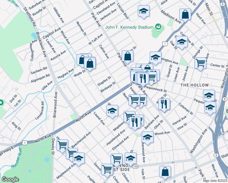 map of restaurants, bars, coffee shops, grocery stores, and more near 1115 Norman Street in Bridgeport