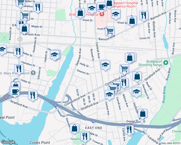 map of restaurants, bars, coffee shops, grocery stores, and more near 233 Deacon Street in Bridgeport