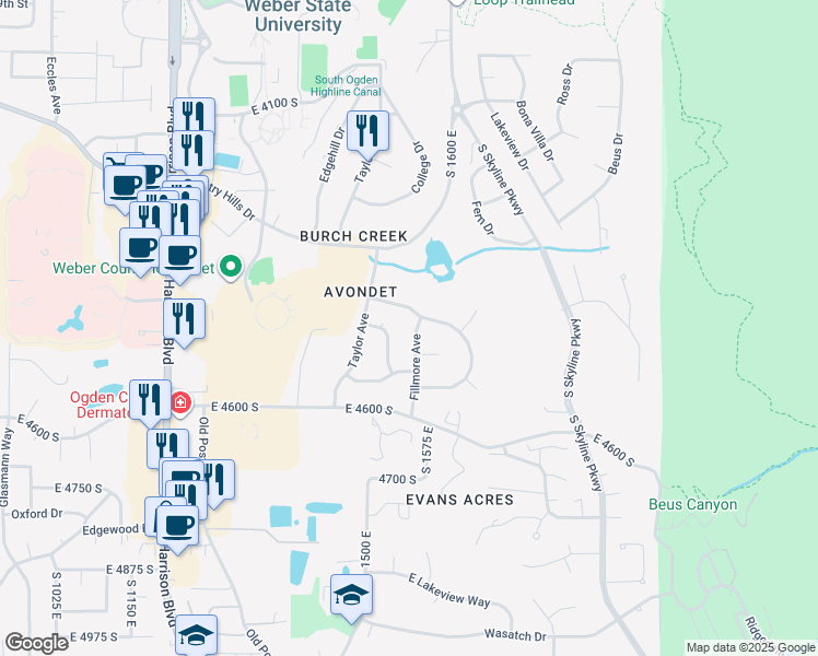 map of restaurants, bars, coffee shops, grocery stores, and more near 1562 Pinecrest Drive in Ogden