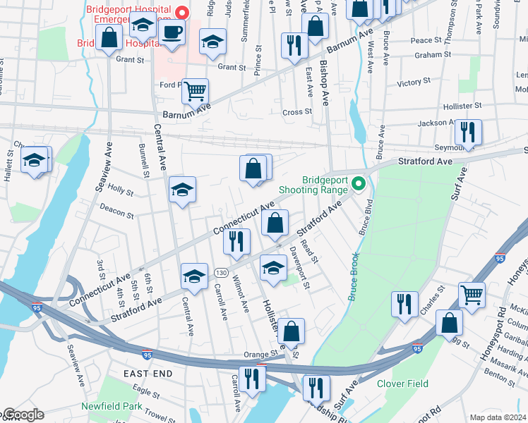 map of restaurants, bars, coffee shops, grocery stores, and more near 932 Connecticut Avenue in Bridgeport