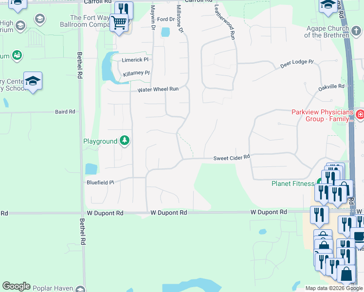 map of restaurants, bars, coffee shops, grocery stores, and more near 10910 Millstone Dr in Fort Wayne