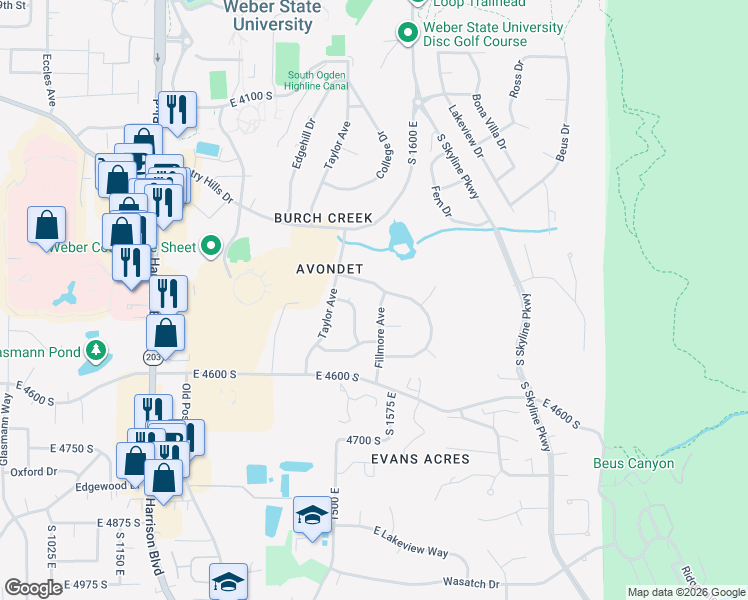map of restaurants, bars, coffee shops, grocery stores, and more near 1562 Pinecrest Drive in Ogden