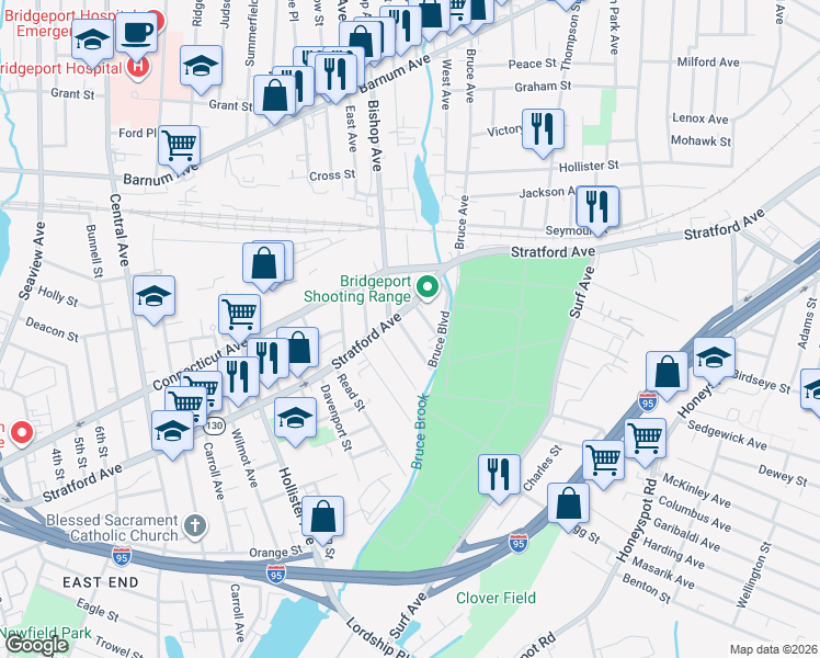 map of restaurants, bars, coffee shops, grocery stores, and more near 60 Radel Street in Bridgeport