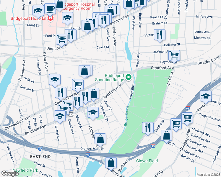 map of restaurants, bars, coffee shops, grocery stores, and more near 84 Waterman Street in Bridgeport