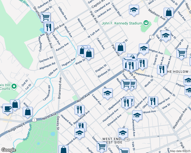 map of restaurants, bars, coffee shops, grocery stores, and more near 774 Wood Avenue in Bridgeport