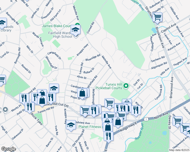 map of restaurants, bars, coffee shops, grocery stores, and more near 196 Bullard Street in Fairfield
