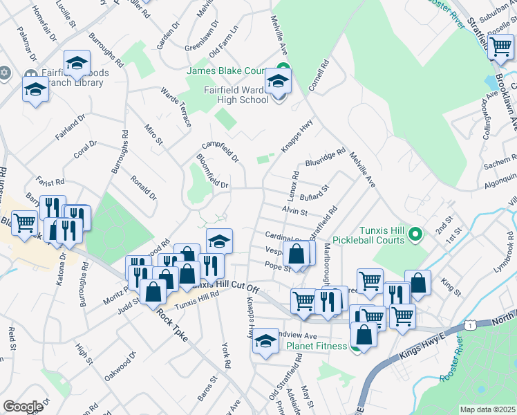 map of restaurants, bars, coffee shops, grocery stores, and more near 318 Knapps Highway in Fairfield