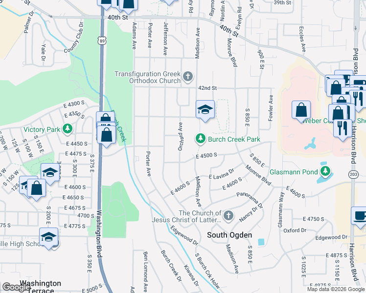 map of restaurants, bars, coffee shops, grocery stores, and more near 4432 Orchard Avenue in Ogden