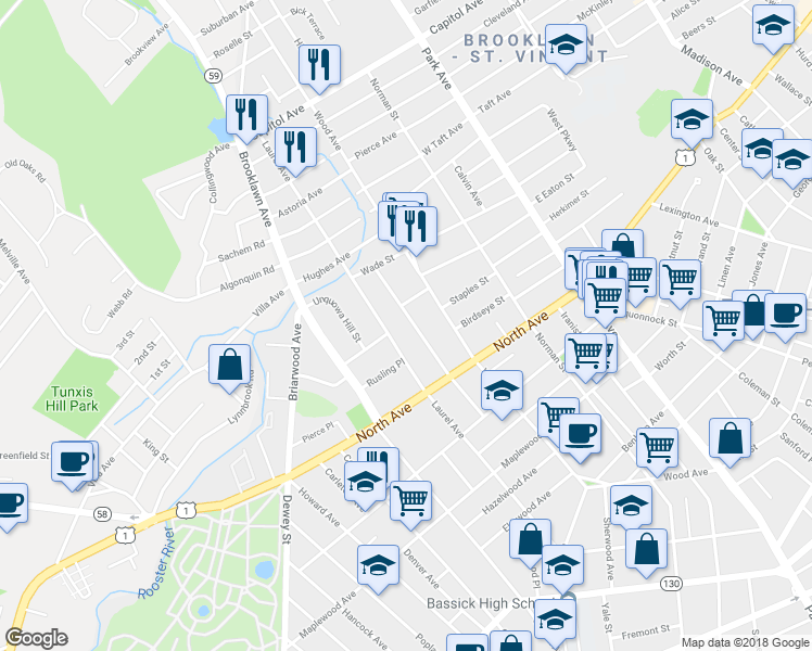 map of restaurants, bars, coffee shops, grocery stores, and more near 253 Pacific Street in Bridgeport