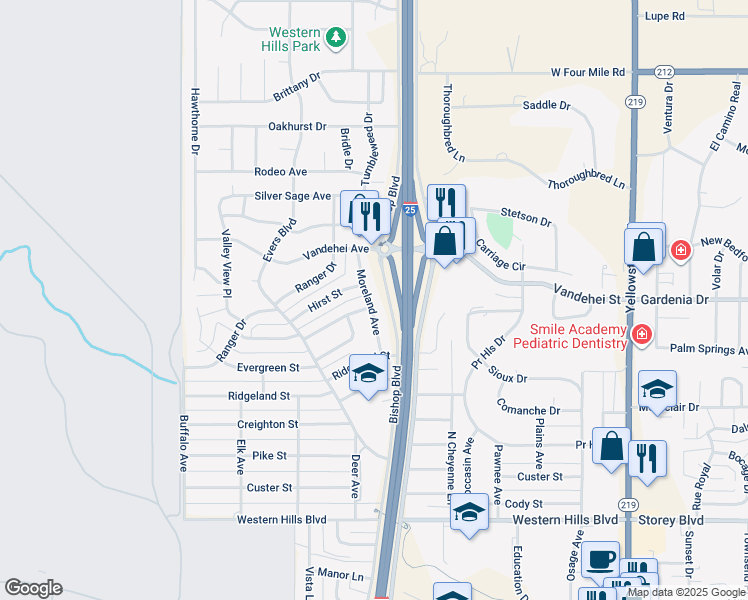 map of restaurants, bars, coffee shops, grocery stores, and more near 6717 Moreland Avenue in Cheyenne