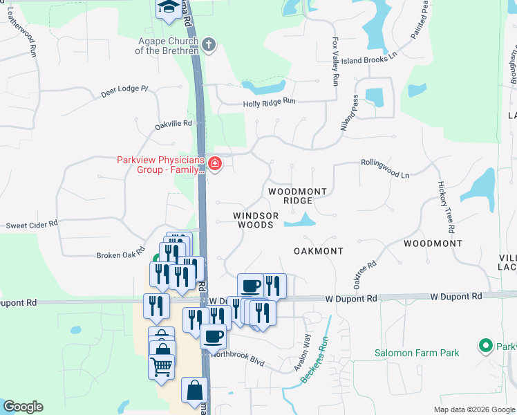 map of restaurants, bars, coffee shops, grocery stores, and more near 10924 Windsor Woods Boulevard in Fort Wayne